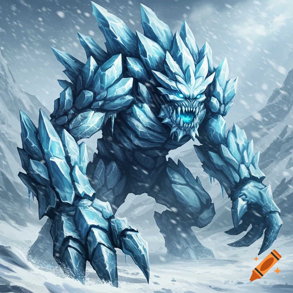 An imposing ice monster made of sharp blue ice shards, with glowing blue eyes and jagged teeth, stands in a snowy mountain landscape.