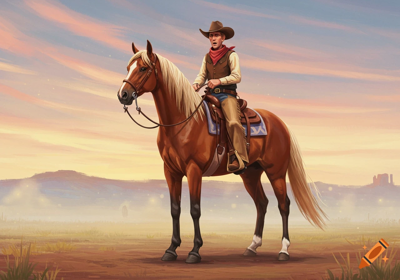 An illustration of a cowboy riding a horse in a Western desert landscape at sunset.