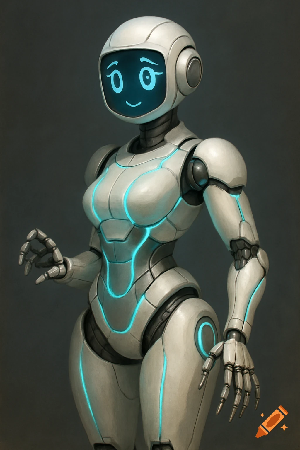 A sleek, feminine white and silver robot with glowing cyan lines and a smiling blue screen face.