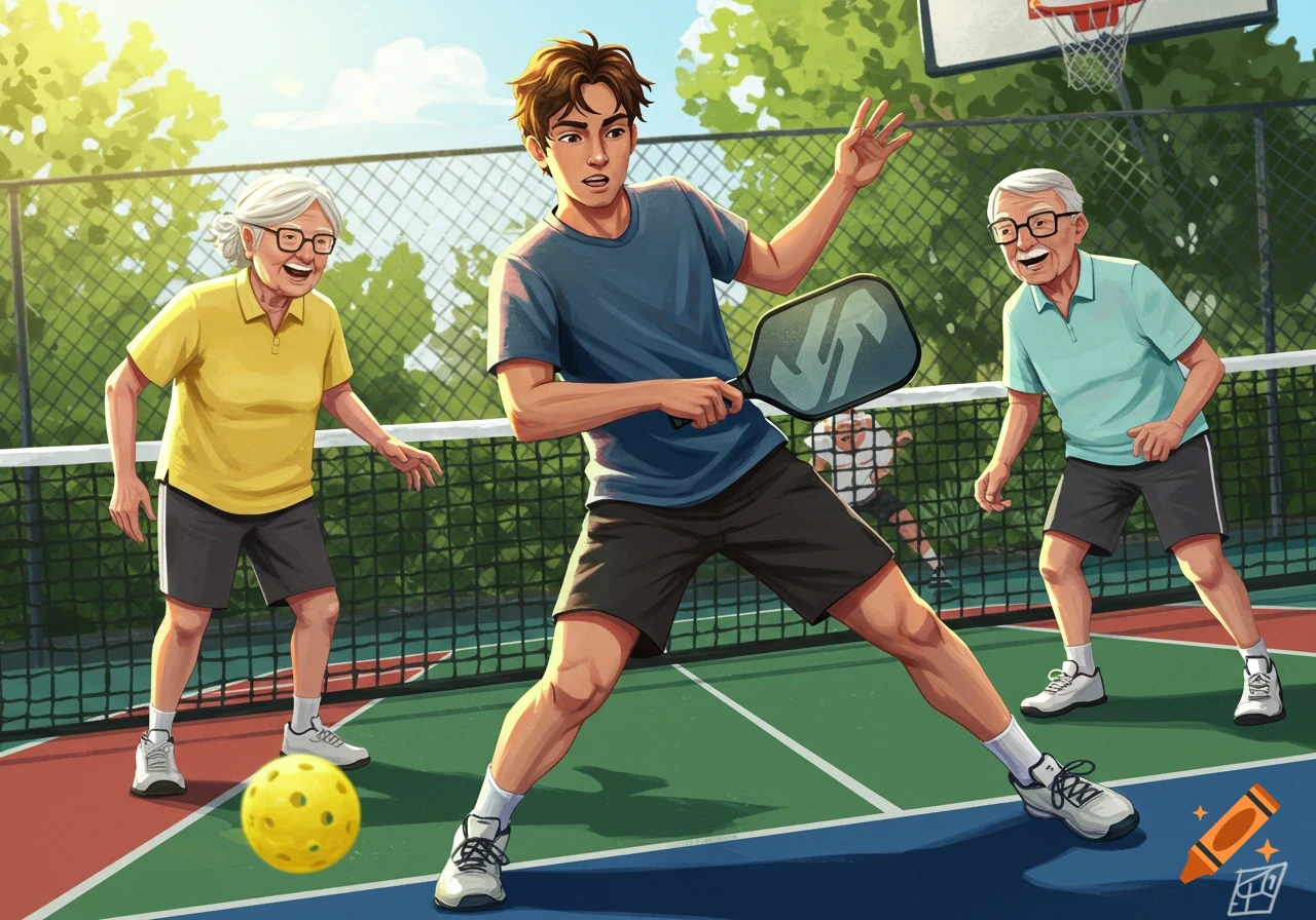 A young man plays pickleball with an older man and woman on a sunny outdoor court in an illustrative style.