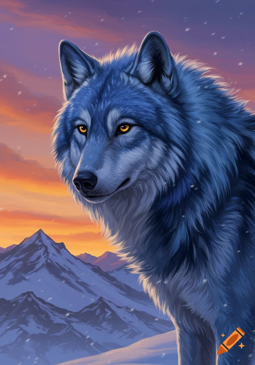 Digital painting of a blue wolf with yellow eyes in a snowy mountain landscape under a sunset sky.
