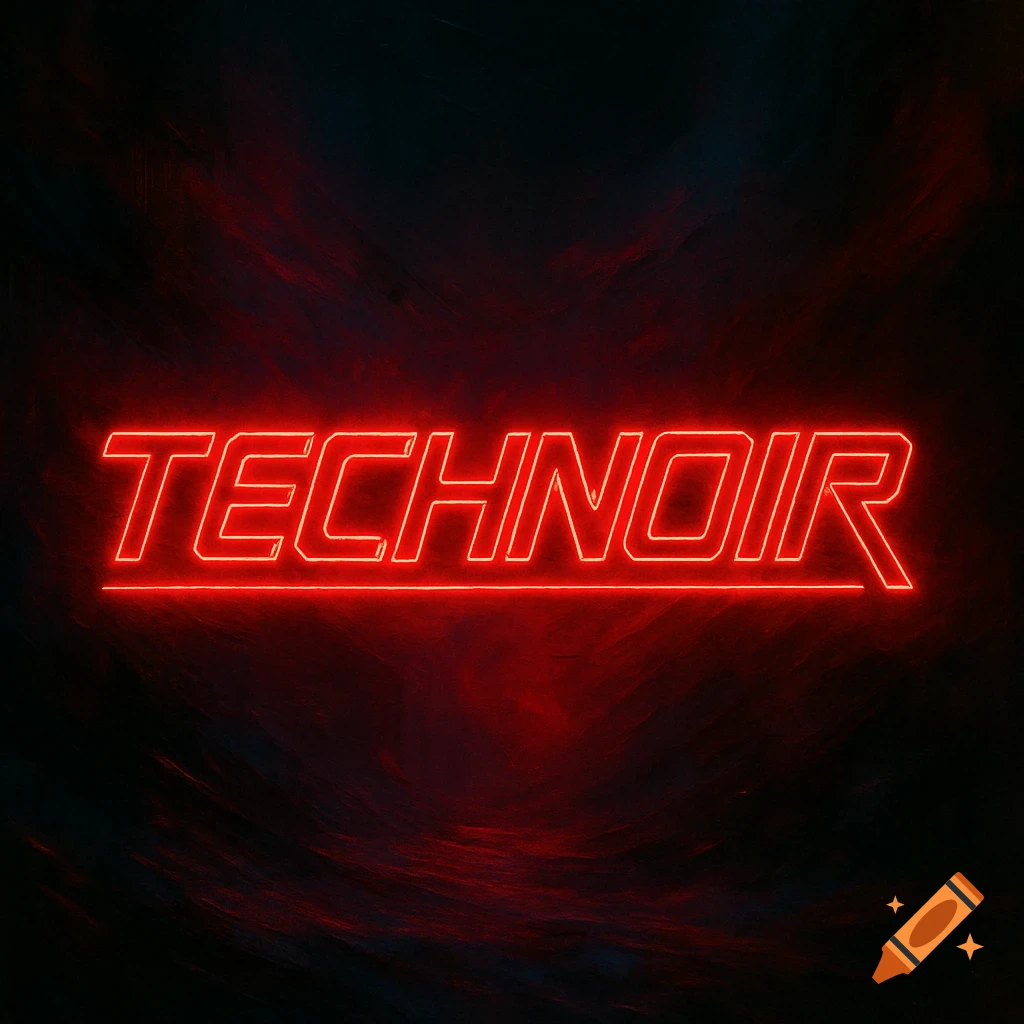 Red neon sign displaying 'TECHNOIR' against a dark, textured background.