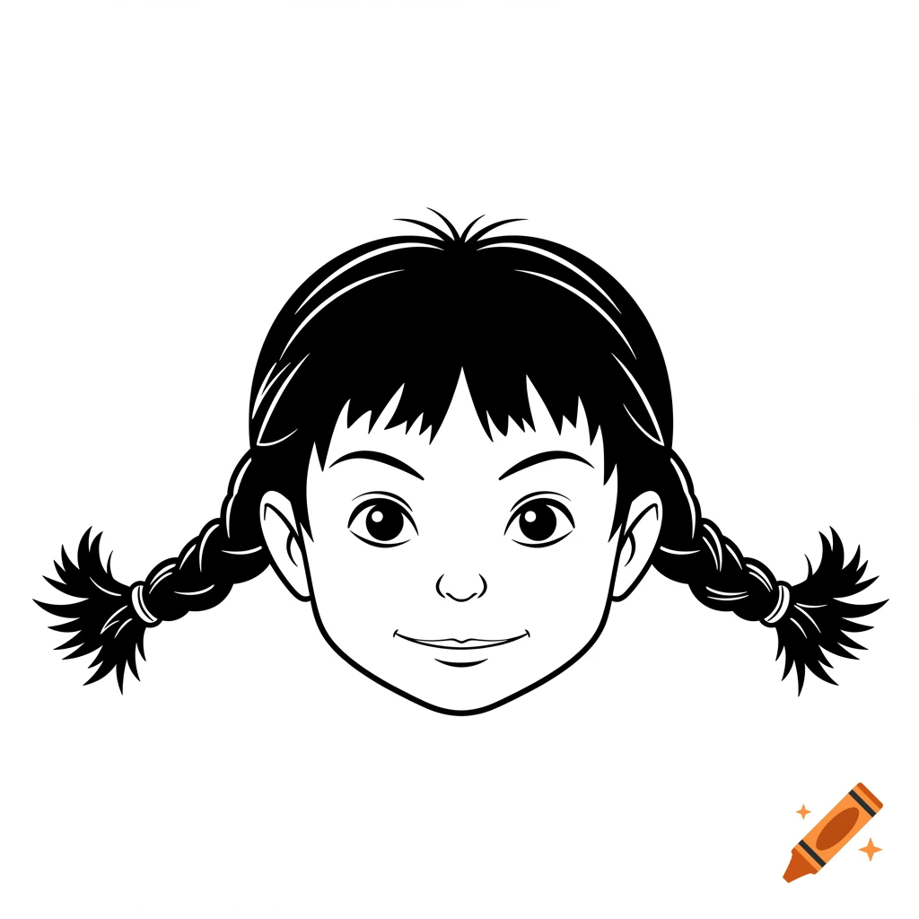 A black and white vector illustration of a stylized girl's head with braids that curl outwards.