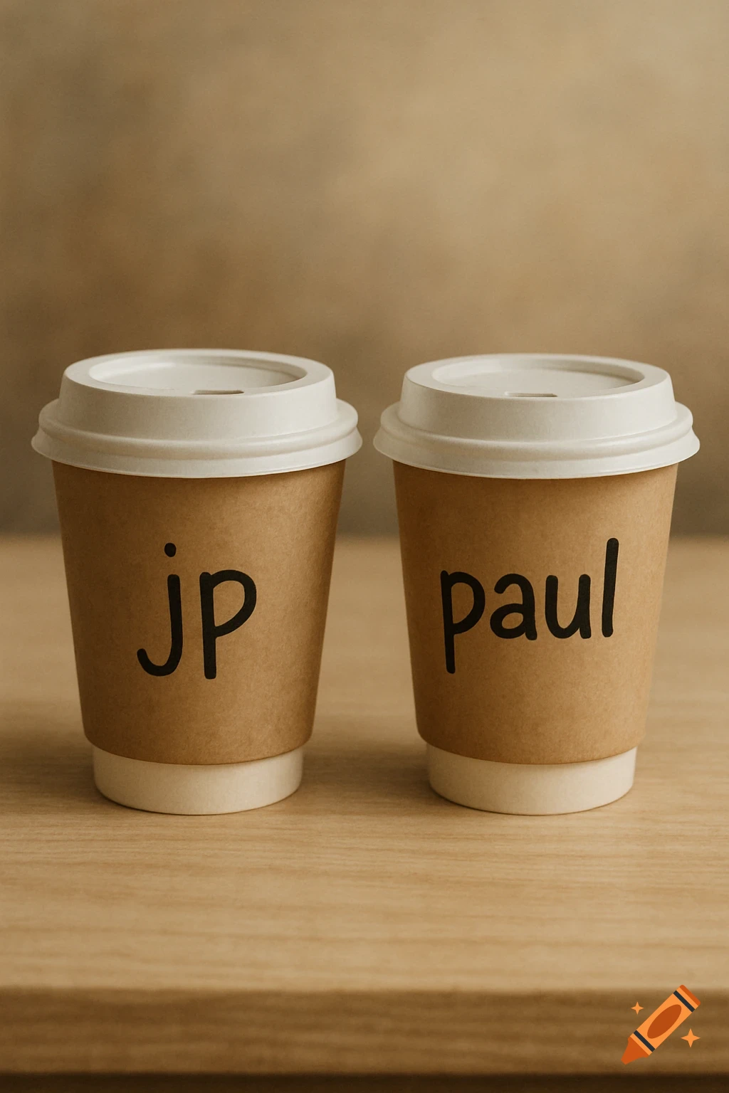 Two disposable coffee cups with 'jp' and 'paul' written on them, standing on a wooden surface.