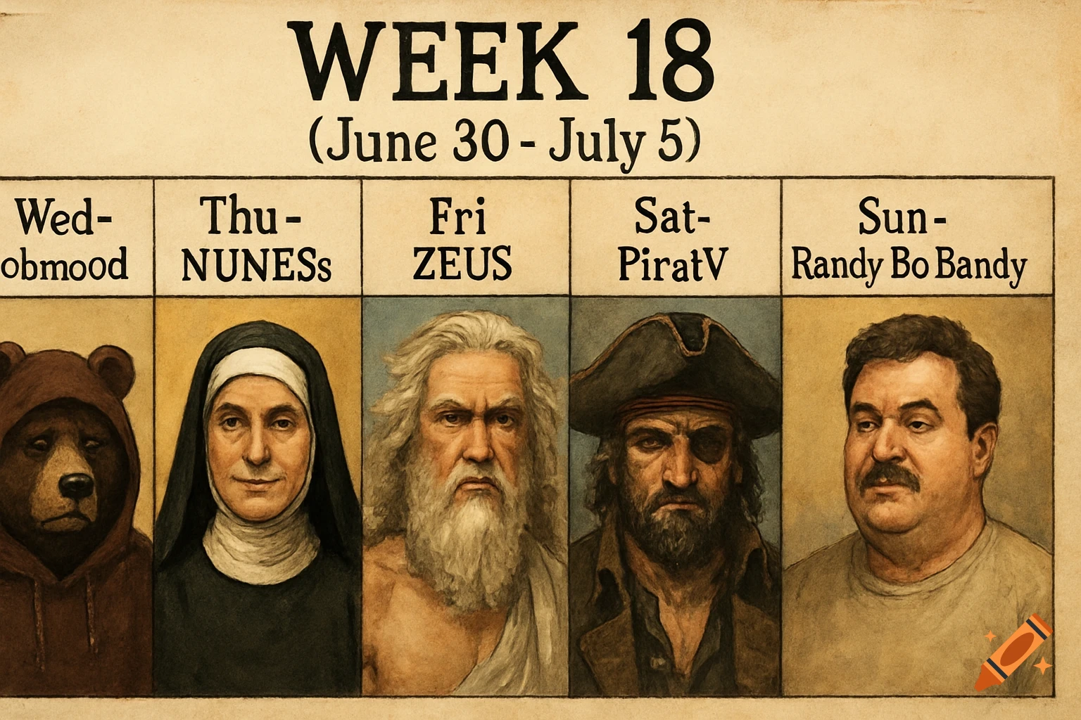 A vintage-style calendar for "WEEK 18 (June 30 - July 5)" features five individual portraits: a bear in a hoodie, a nun, a depiction of Zeus, a pirate with an eyepatch, and a man with a mustache.