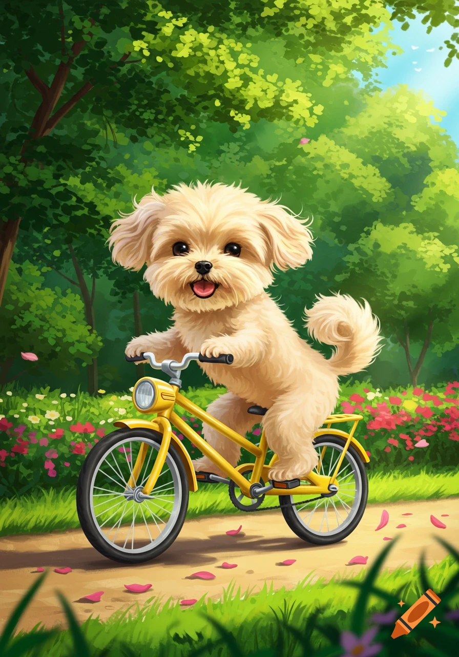 A cute fluffy blonde dog with big eyes smiles while riding a yellow bicycle down a path in a vibrant green park with colorful flowers.