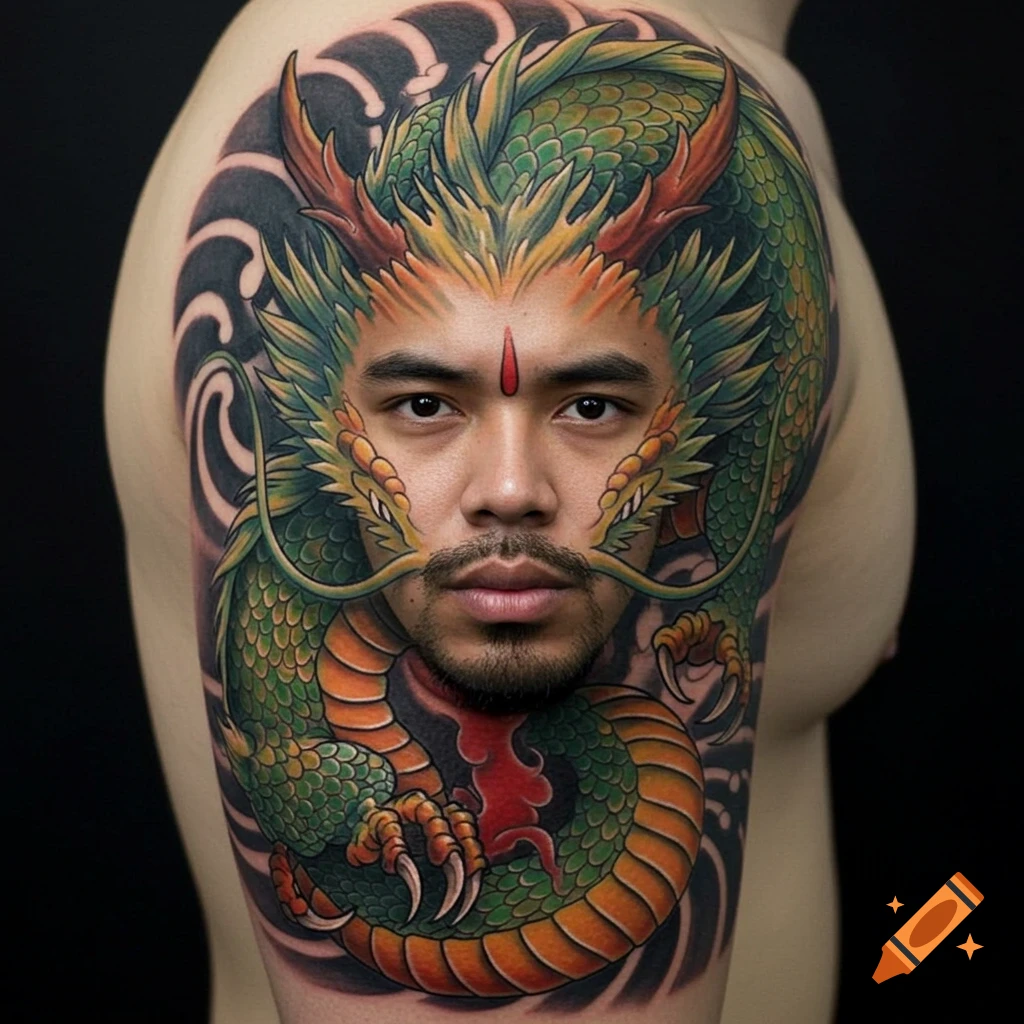 A man's face forms the head of a vibrant green and orange dragon tattoo on his shoulder.