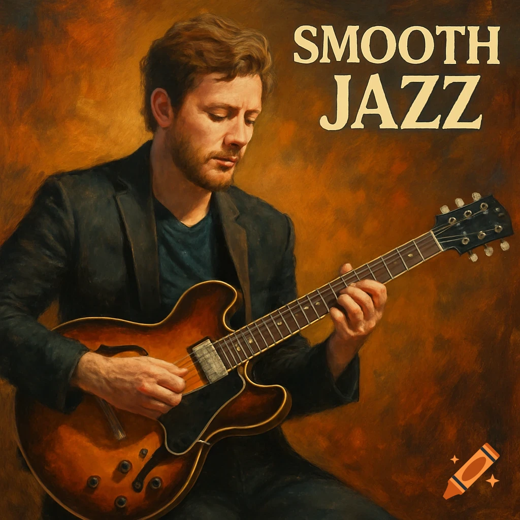 A painterly image of a bearded man playing a brown electric guitar. 'SMOOTH JAZZ' text is in the upper right.