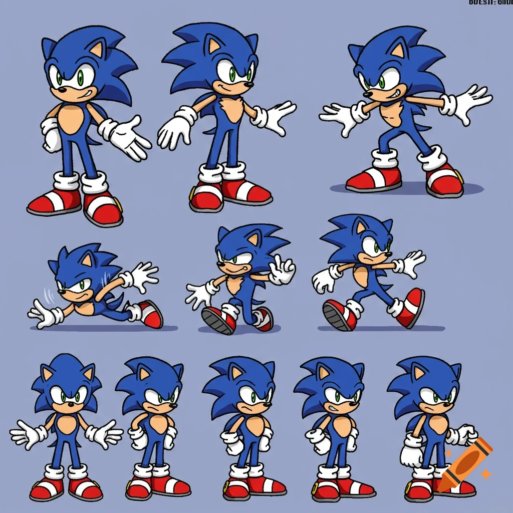 Multiple cartoon illustrations of Sonic the Hedgehog in various poses on a grey background.