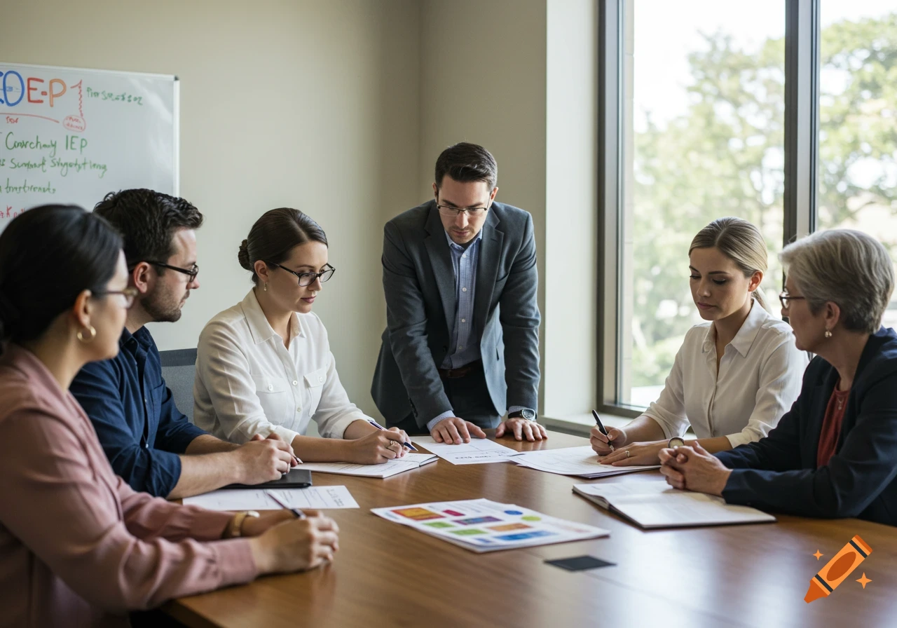 A group of diverse professionals, including men and women, gathered around a wooden table in a brightly lit office, engaged in a meeting.