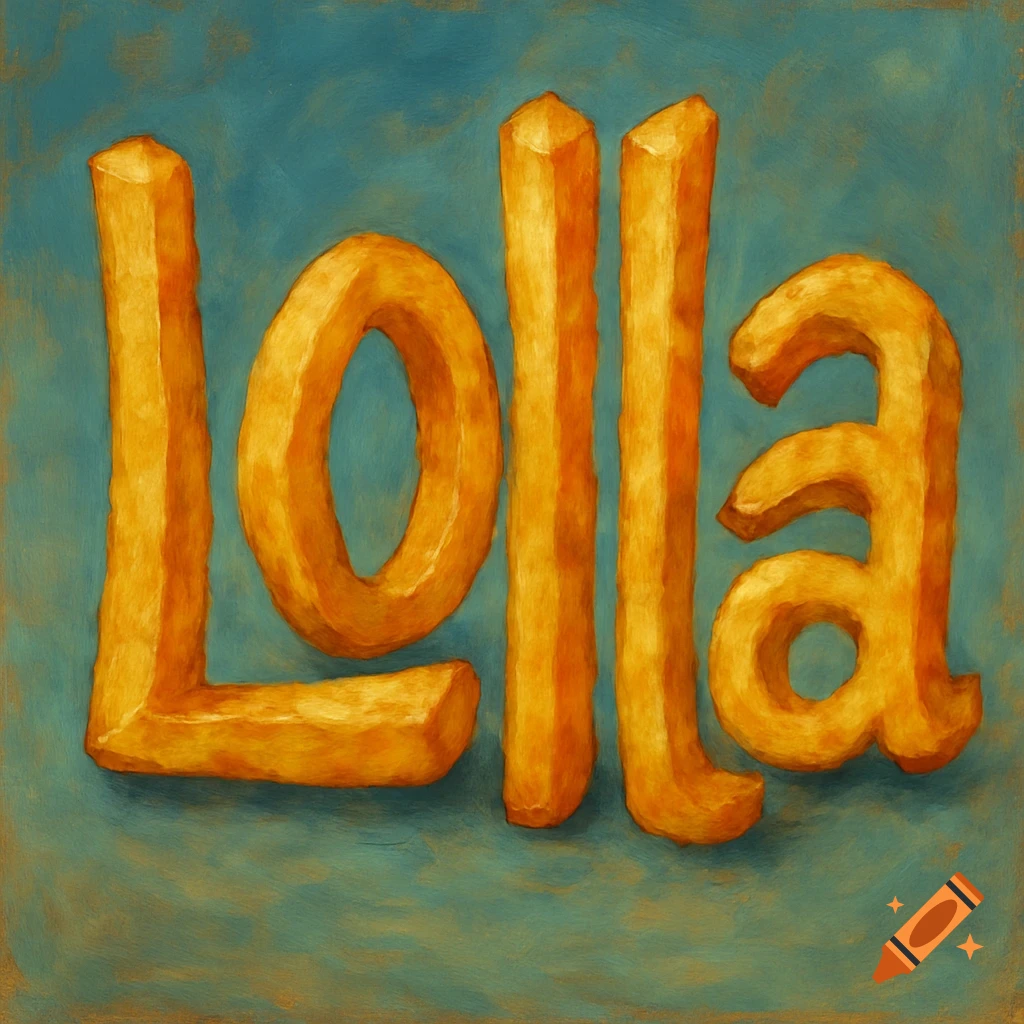 The word Lolla made from oversized, golden French fries, against a textured blue-green background.