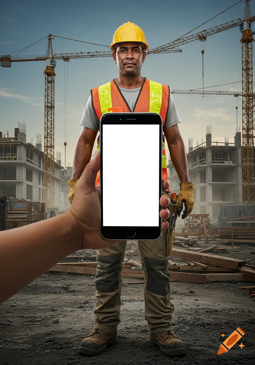 Photorealistic image of a construction worker at a building site, with a hand holding a blank smartphone in the foreground.
