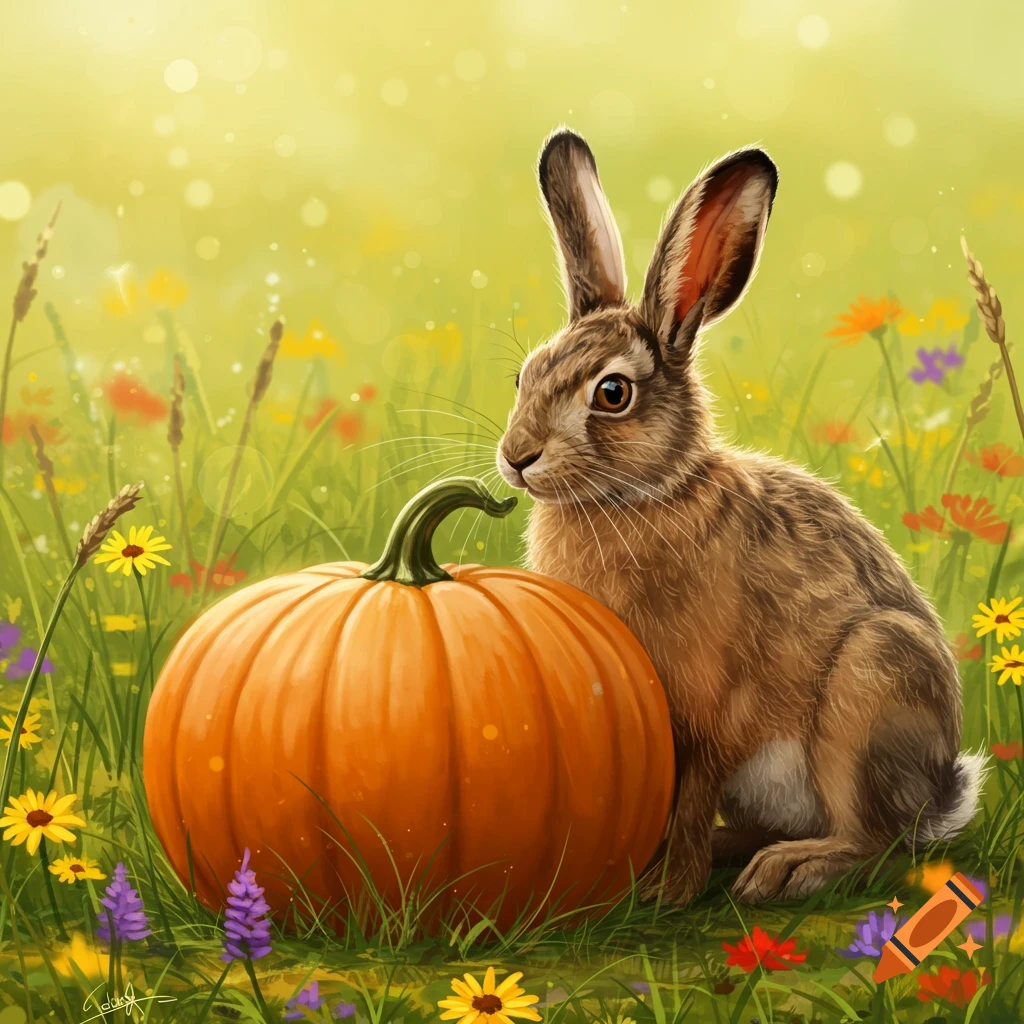 A brown hare sits beside a large orange pumpkin in a vibrant, sunlit field of wildflowers.