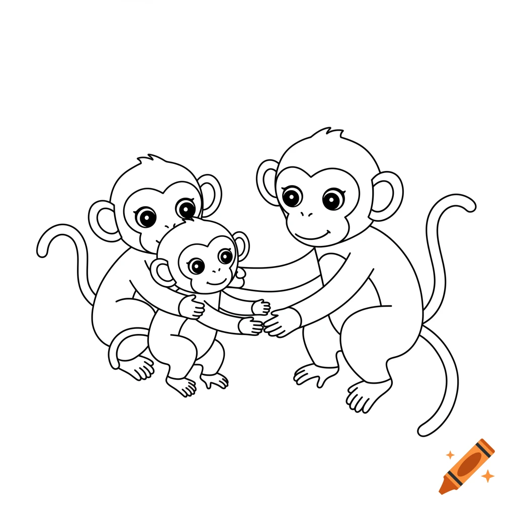 Three line art monkeys, a baby, a mother, and a father, for a coloring page.