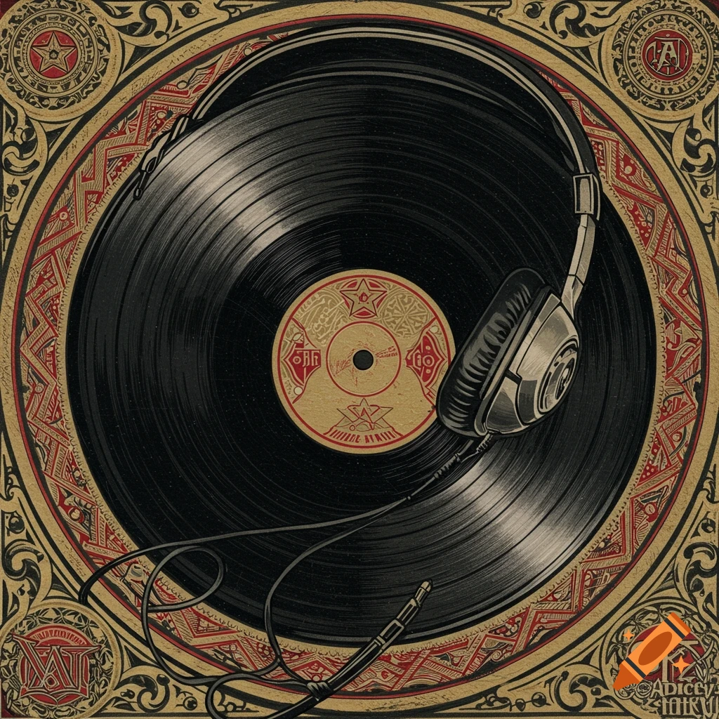 An illustration of a black vinyl record with a decorative gold and red label, and a pair of silver headphones resting on top, all surrounded by an ornate, gold and red art deco-style border.