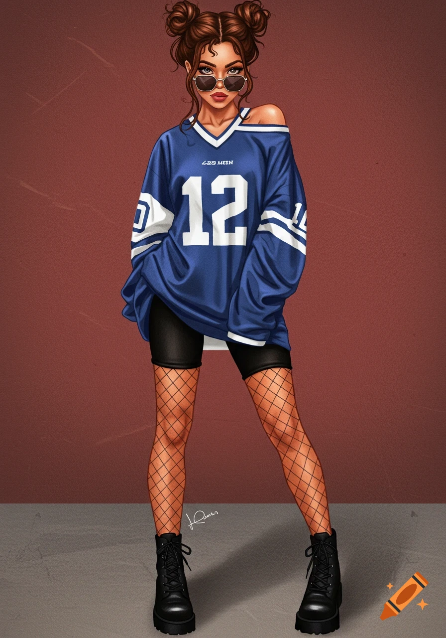 An illustration of a woman wearing an oversized blue and white jersey, black biker shorts, fishnet tights, black boots, and Y2K sunglasses. She has brown hair in two messy buns.