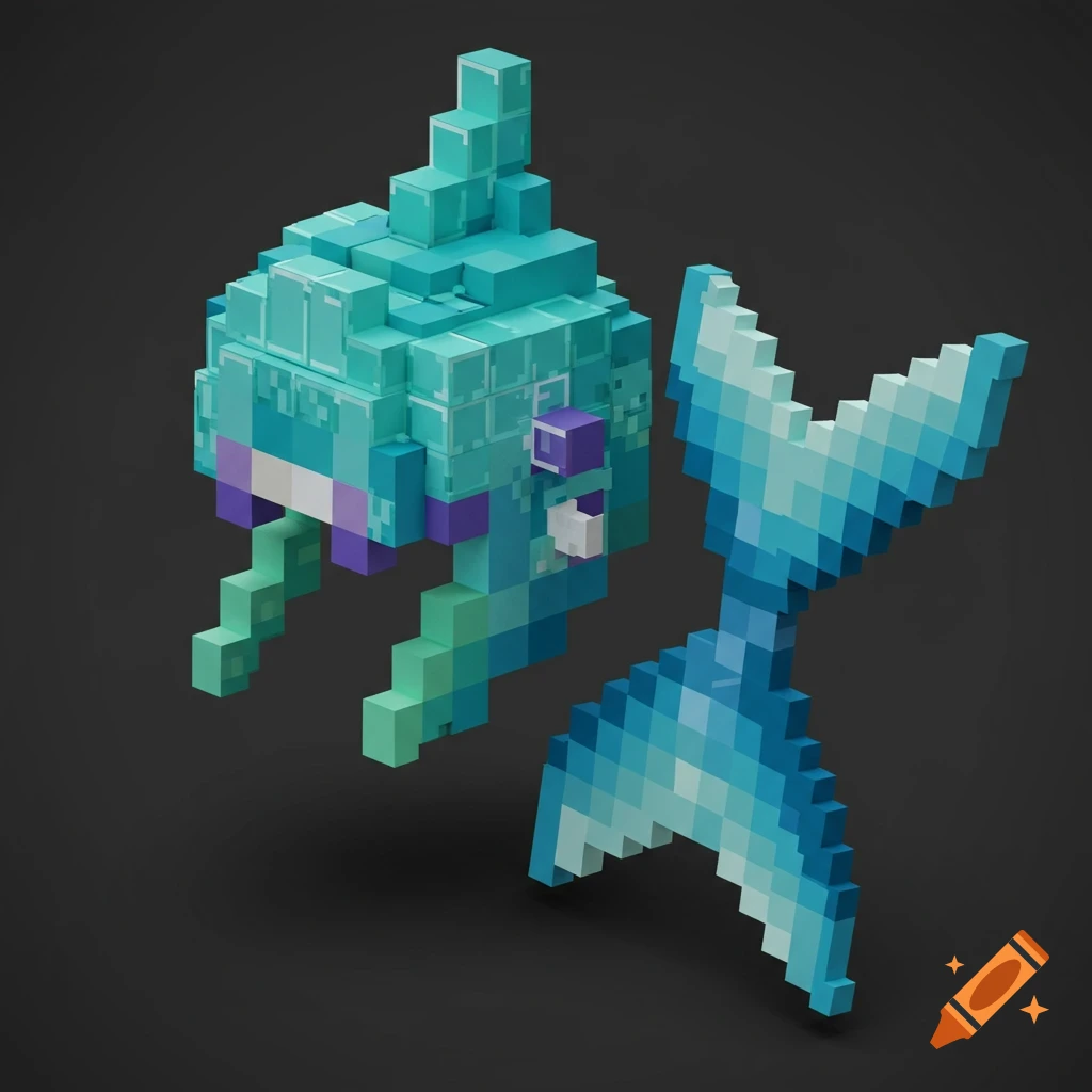 A voxel art creature in teal, green, and purple, next to a blue voxel art mermaid tail, on a dark background.