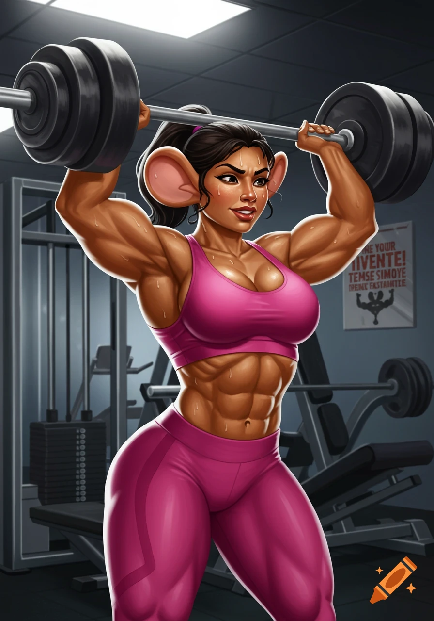 A muscular Hispanic woman with large ears, resembling a mighty mouse character, lifts heavy weights in a gym.