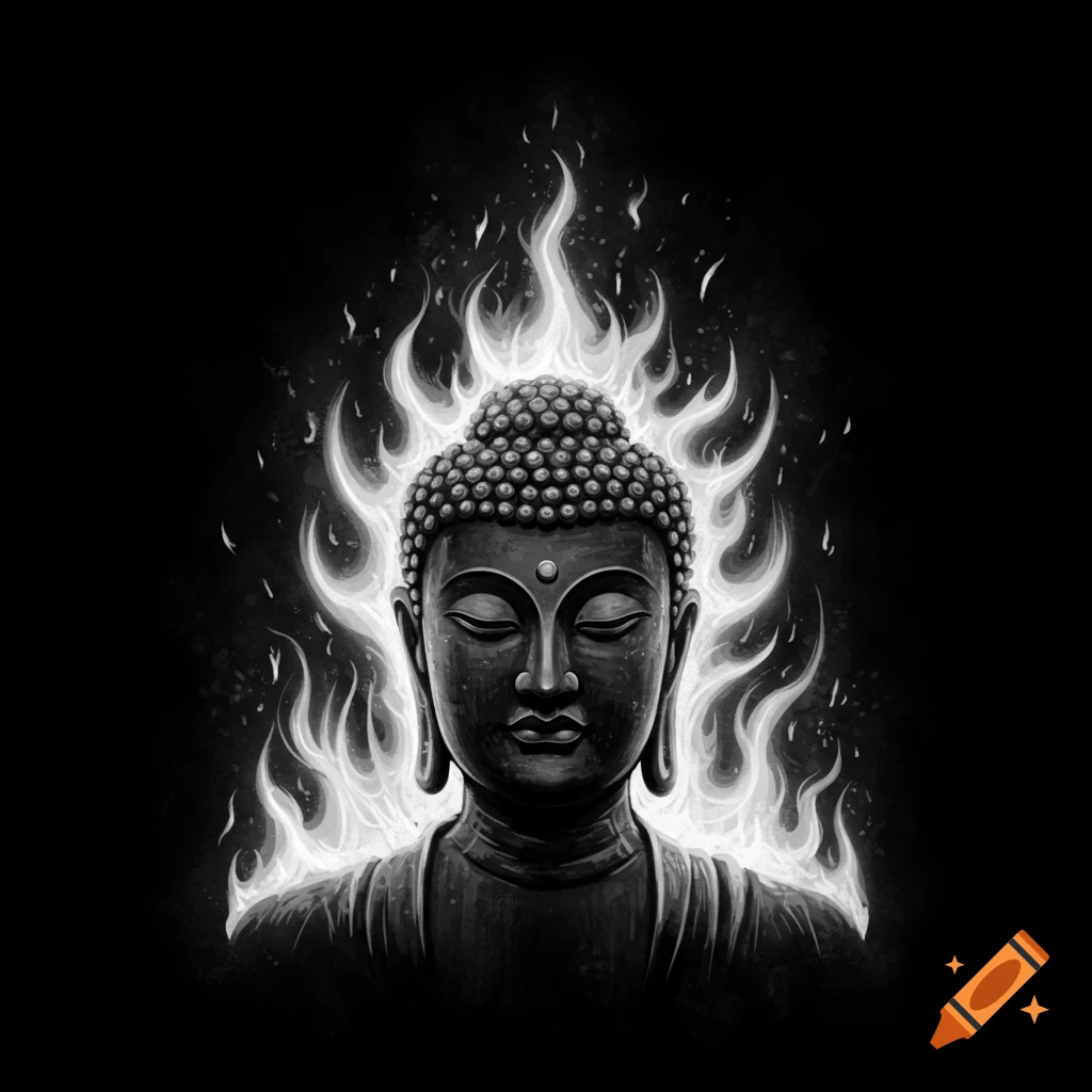 Black and white illustration of a Buddha head with white flames rising from behind it against a dark background.