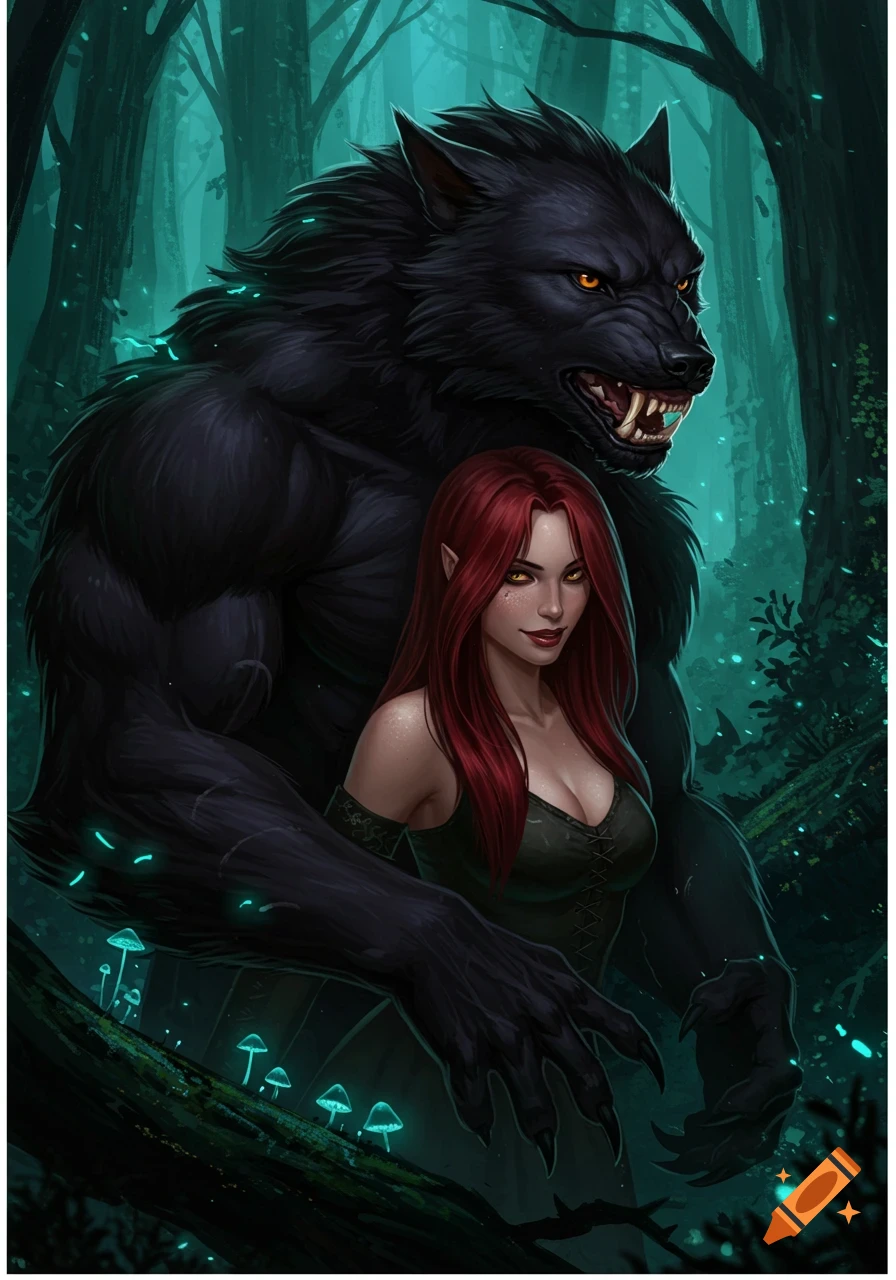 A powerful black werewolf with glowing yellow eyes stands protectively behind a woman with long red hair and matching glowing yellow eyes in a mystical, dark forest filled with luminous blue mushrooms.