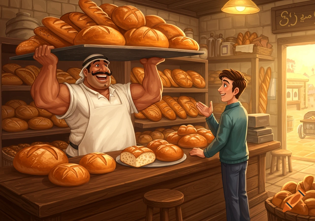 A strong cartoon baker holds a tray of fresh bread, smiling at a young customer in a vibrant bakery.