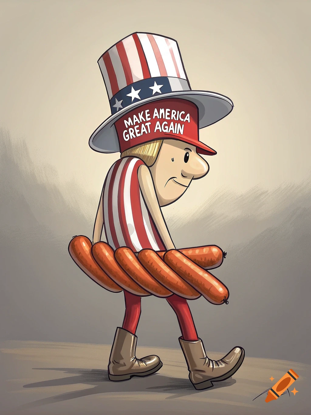 A cartoon character wearing a top hat with "MAKE AMERICA GREAT AGAIN" and patriotic stripes, with sausages as legs.