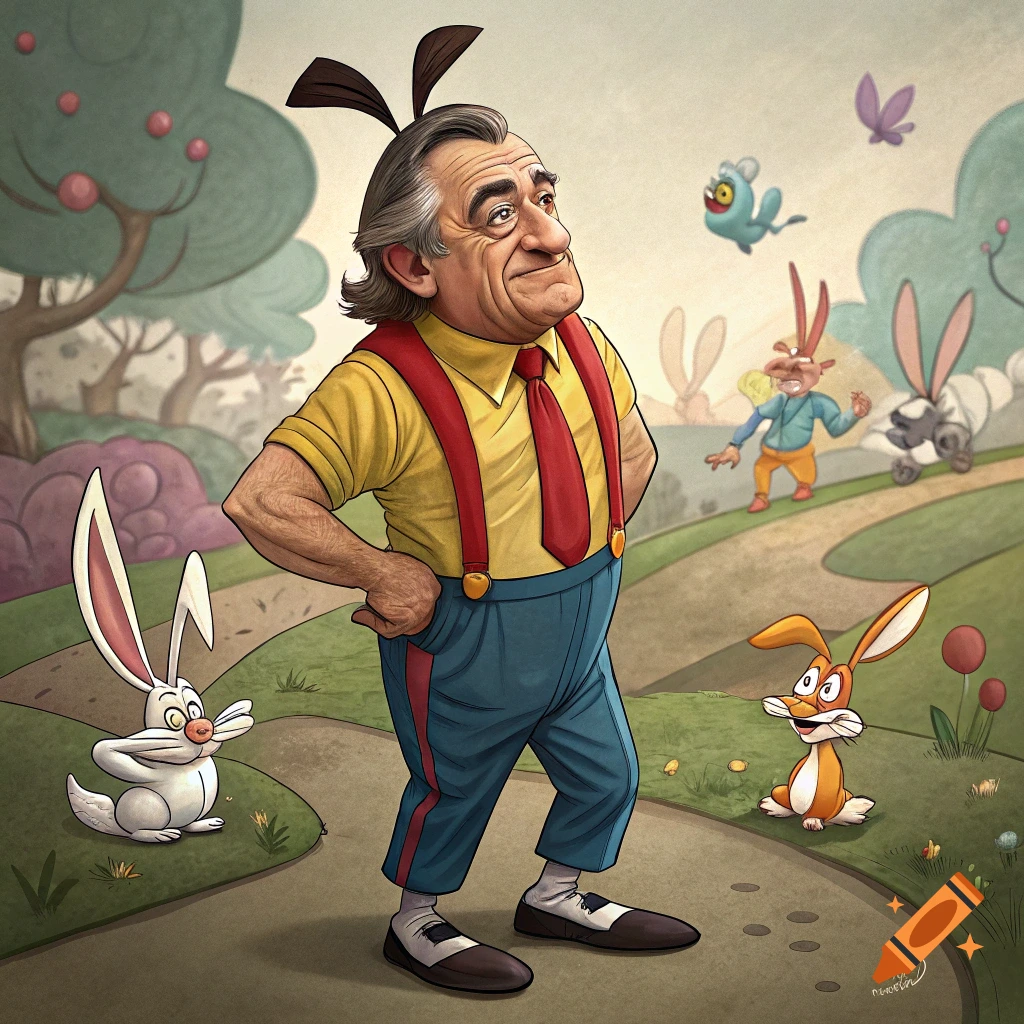 A cartoon caricature of Robert De Niro with bunny ears, wearing suspenders, stands in a whimsical park with cartoon rabbits and a flying creature.