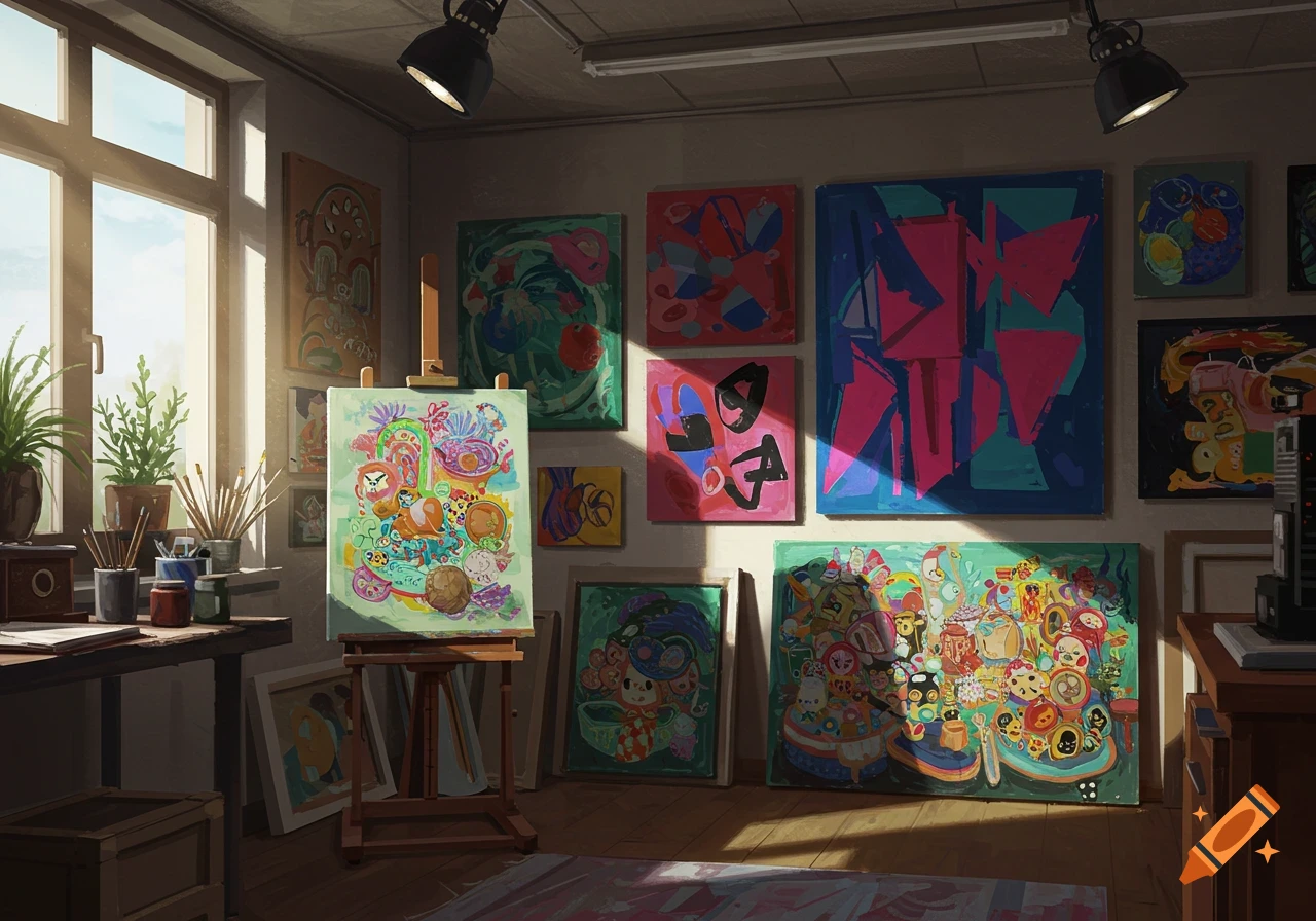 A sunlit art studio with an easel, numerous colorful abstract paintings, and art supplies.