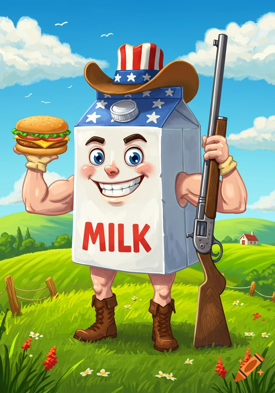 Anthropomorphic milk carton in patriotic hat, holding a burger and rifle in a green field, illustration style.