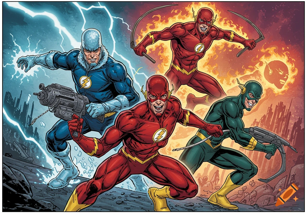 Four comic book characters, including Captain Cold and multiple Flashes, in dynamic action poses amidst lightning and flames, in a comic illustration style.