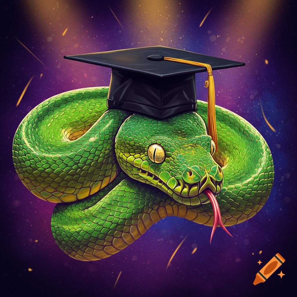 A vibrant green snake wearing a black graduation cap, set against a glowing purple background.