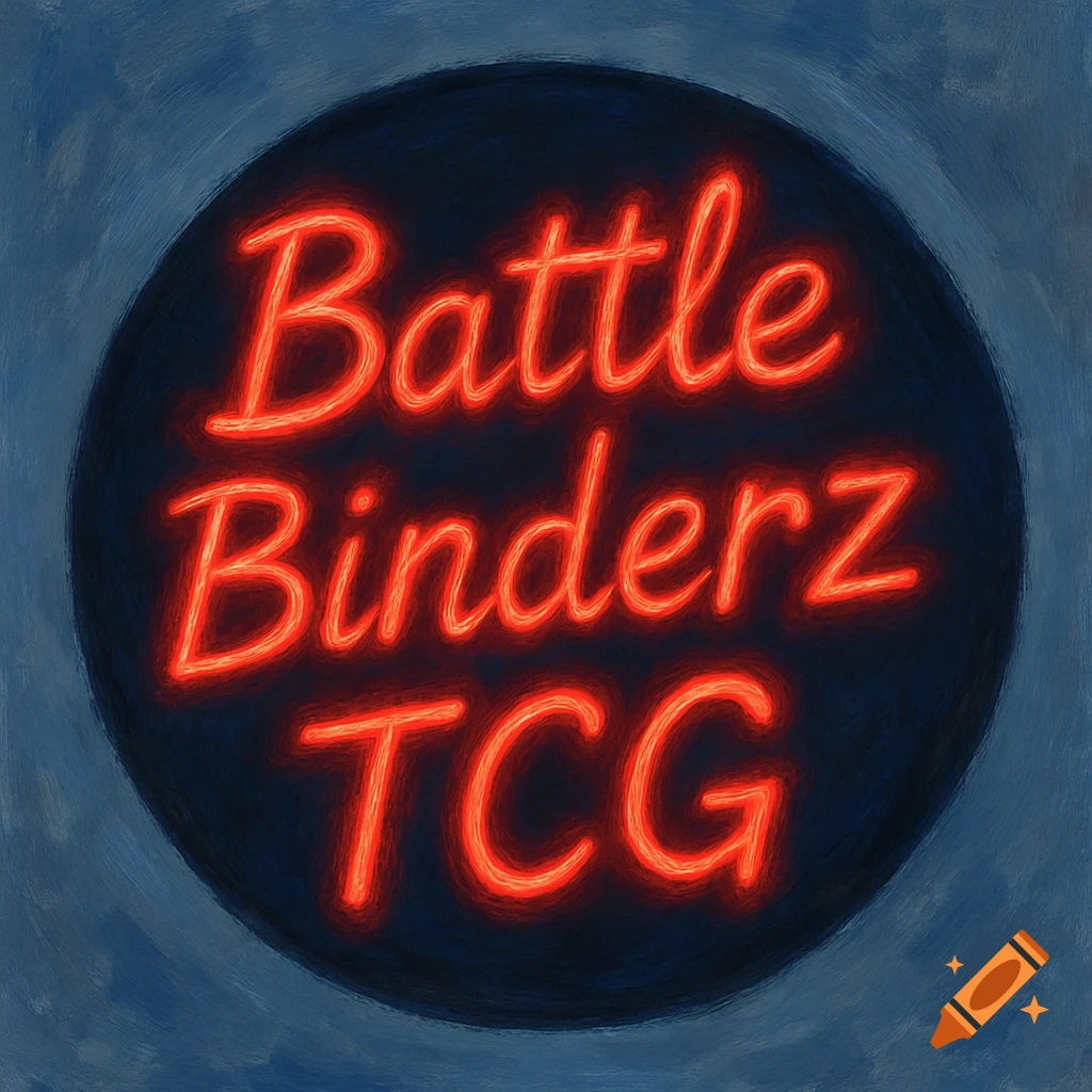 A neon red sign saying 'Battle Binderz TCG' inside a dark blue circle on a blue textured background.