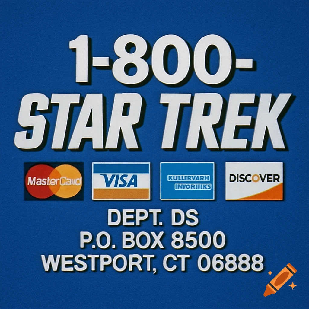 An 80s style commercial advertisement on a blue background with white text reading '1-800-STAR TREK', featuring credit card logos for Mastercard, Visa, a garbled logo, and Discover, and a fake address.
