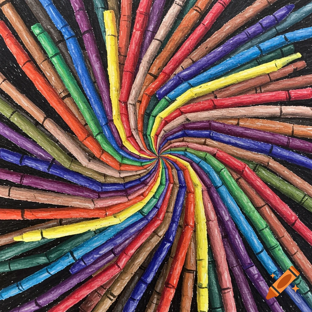 An abstract drawing of colorful crayons arranged in a spiral pattern on a black background.