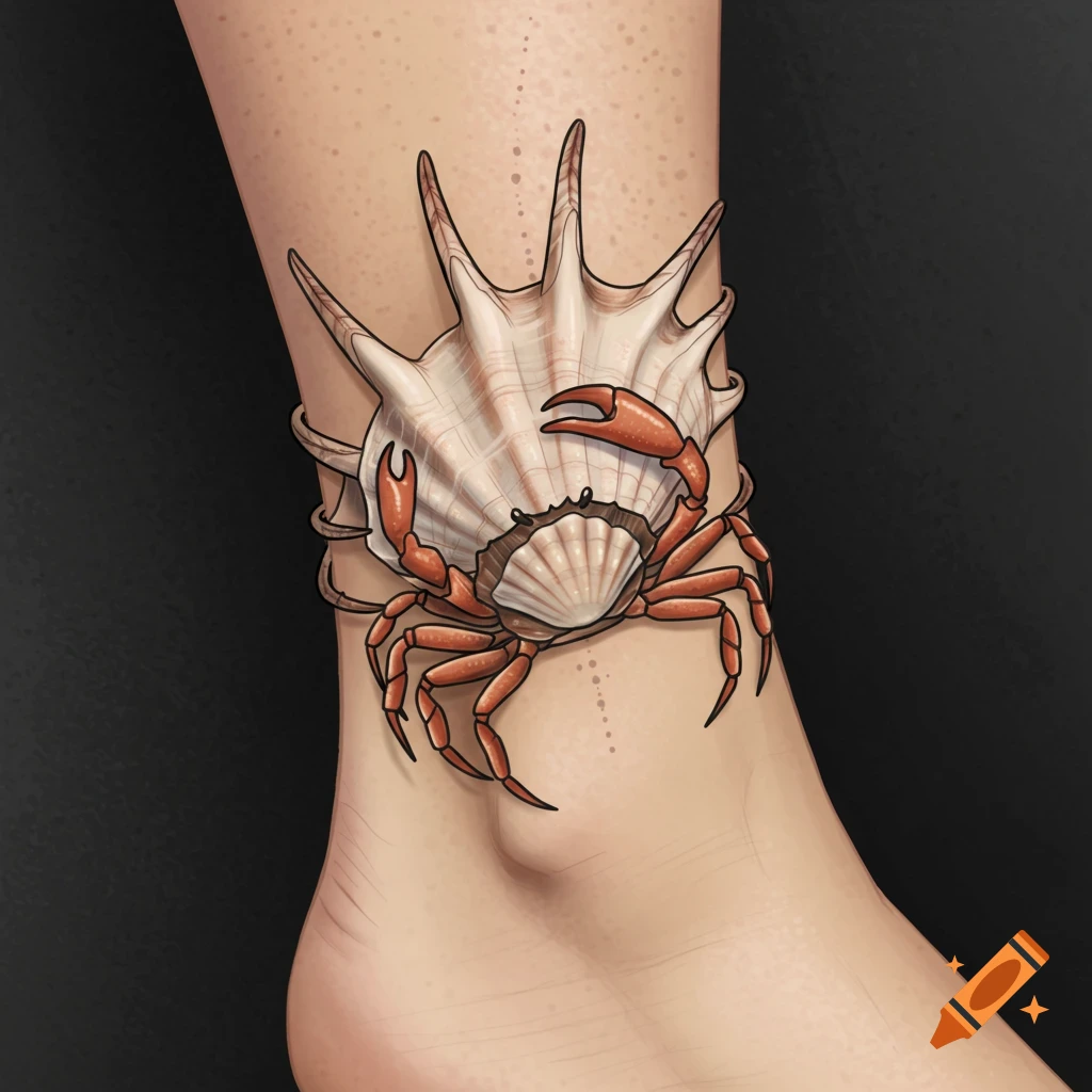 An artistic tattoo of a detailed brown crab and a light pink spiky conch shell designed as an anklet around a person's ankle.