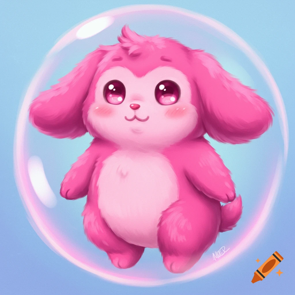 A cute, pink, fluffy Labubu-like creature with large sparkling eyes floats inside a clear bubble against a light blue background.