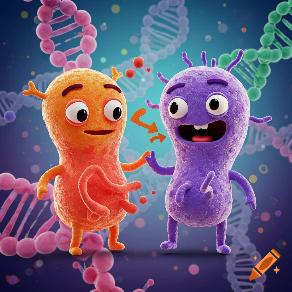 Two cartoon microbes, one orange and one purple, interacting with DNA strands in the background.