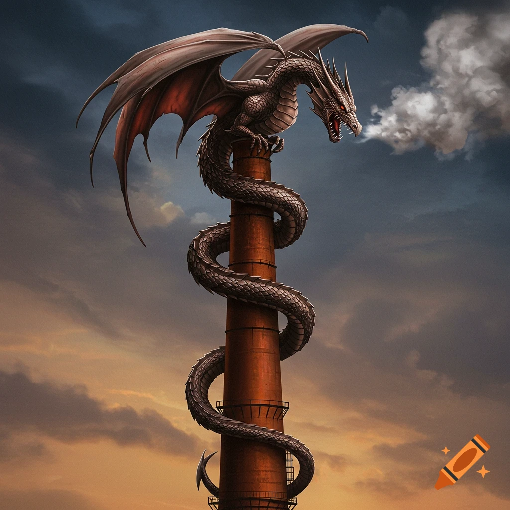 A detailed illustration of a large dragon spiraling up a tall industrial smokestack, breathing smoke into the cloudy sky at dusk.