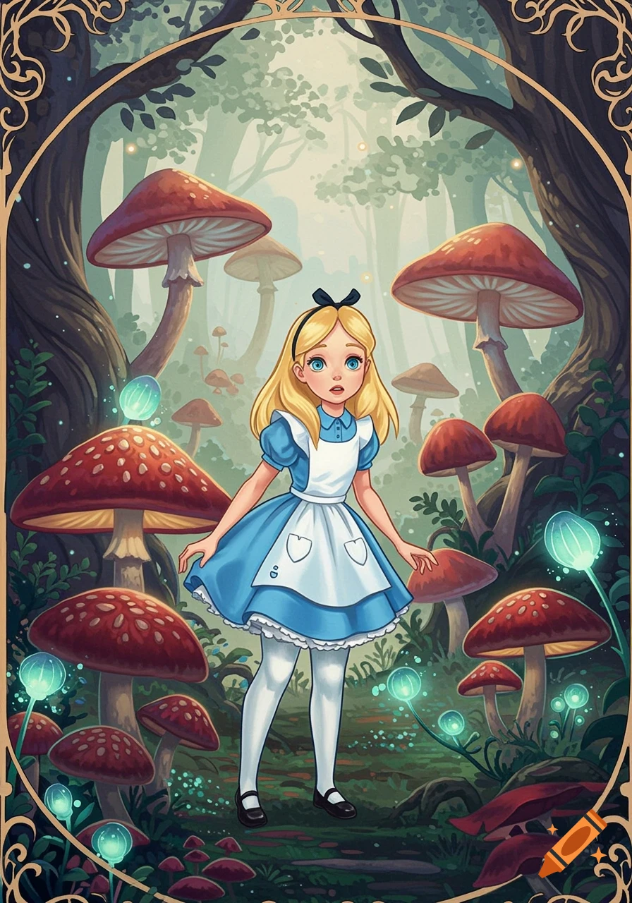 Alice in Wonderland stands in a whimsical forest among giant red mushrooms and glowing blue flora, illustrated in a vibrant storybook style.