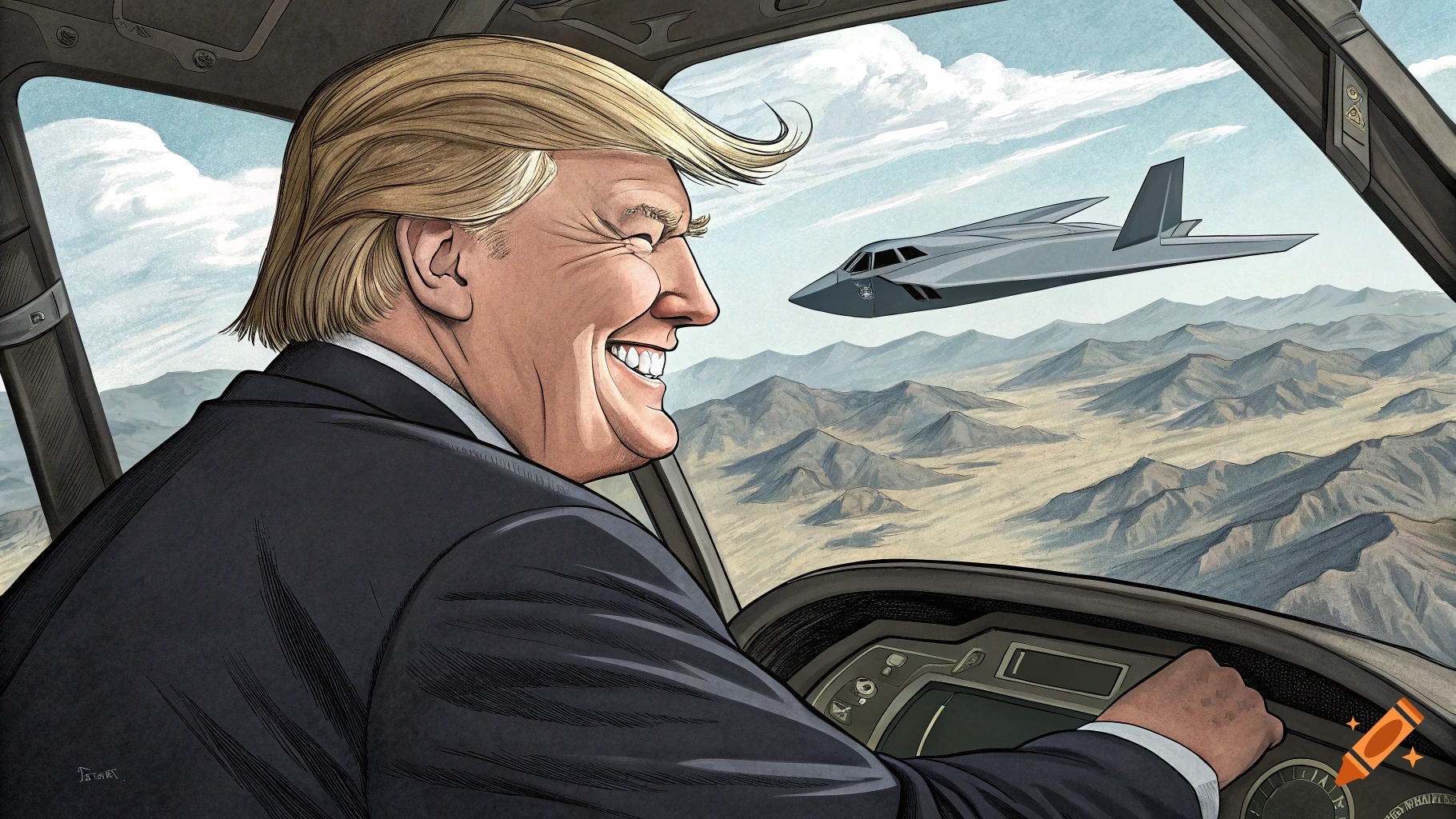 Cartoon of Donald Trump piloting a stealth bomber over desert mountains, smiling as another stealth jet flies by.