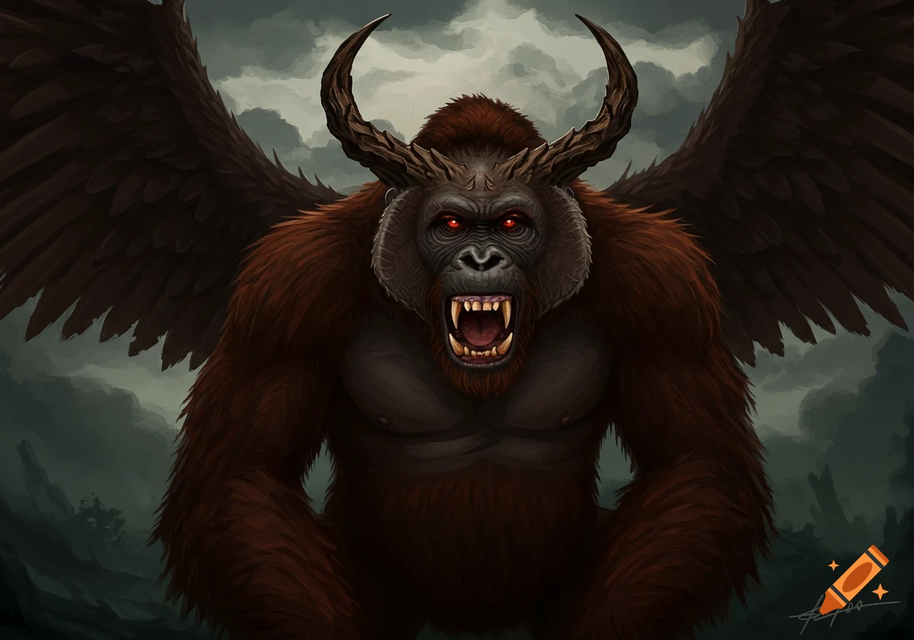 A monstrous, horned, winged gorilla with glowing red eyes snarls, showing sharp fangs against a cloudy background in a digital painting style.