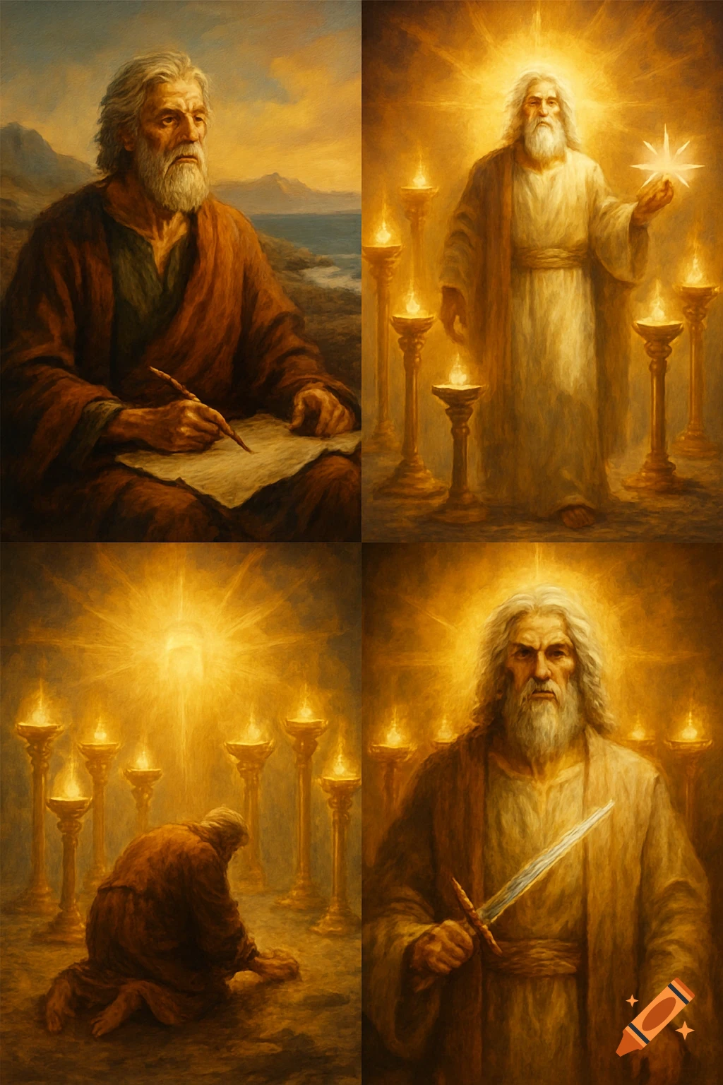 Four panels depicting an old bearded man: writing by the sea, holding a star with glowing lampstands, kneeling in prayer, and holding a sword.