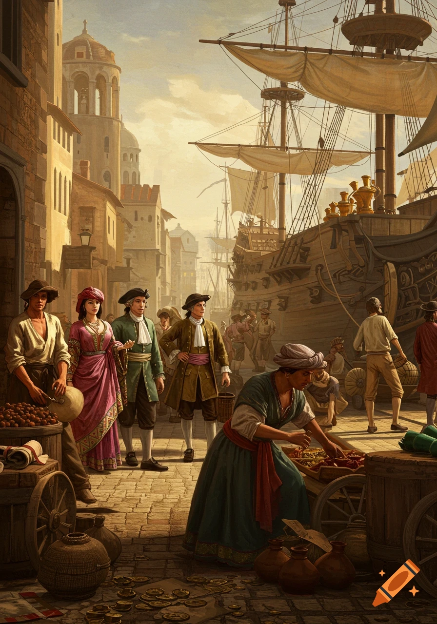 A detailed painting of a bustling historical port with large sailing ships, merchants, and market stalls under a golden sky.