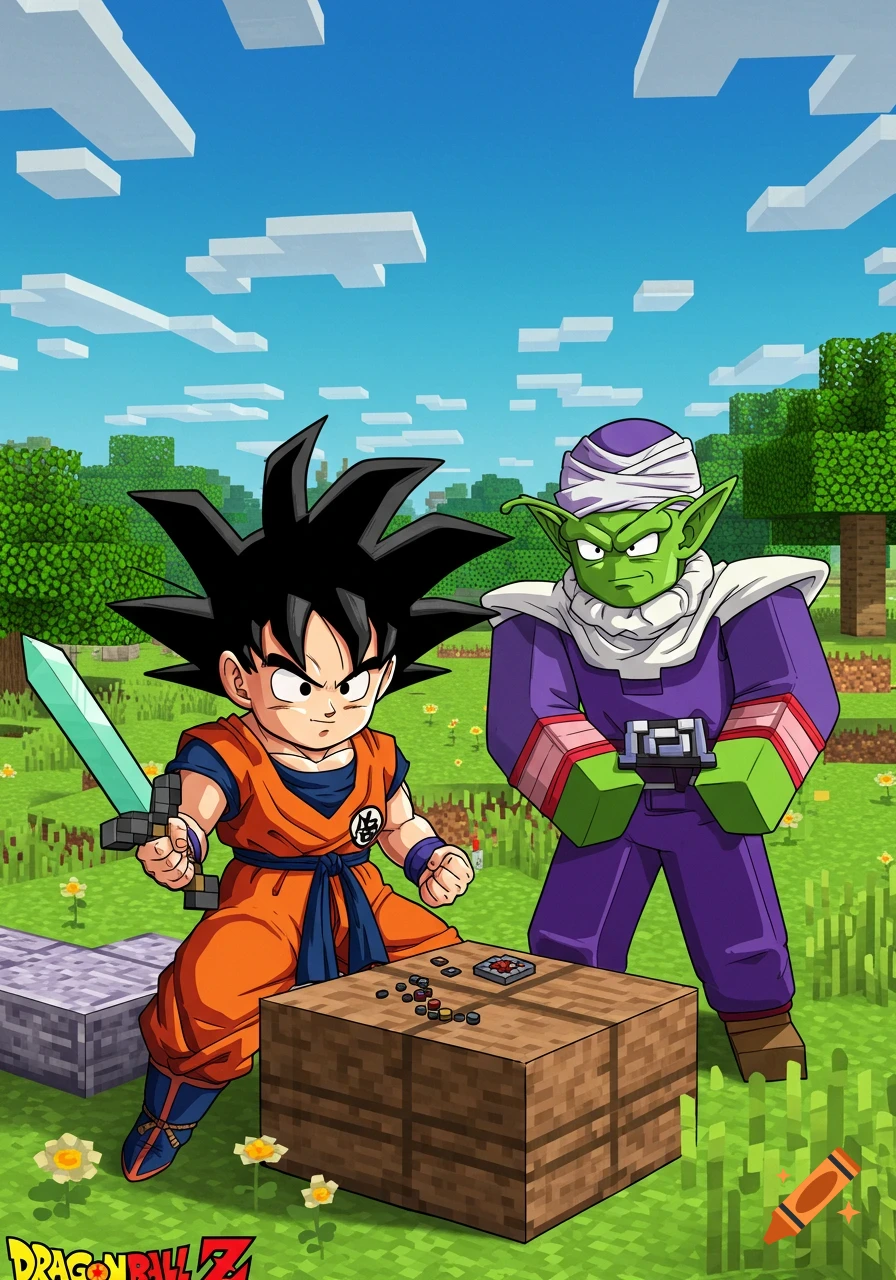 Goku holding a diamond sword and Piccolo stand in a blocky Minecraft-style world, with a crafting table between them. Dragon Ball Z logo in the corner.