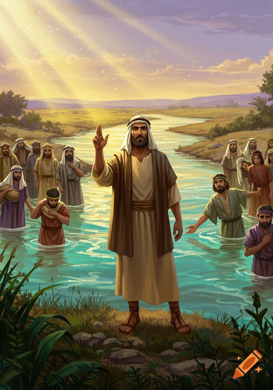 An illustration of Joshua standing by the Jordan River, raising his hand, with people in the water and on the banks under a radiant sky.