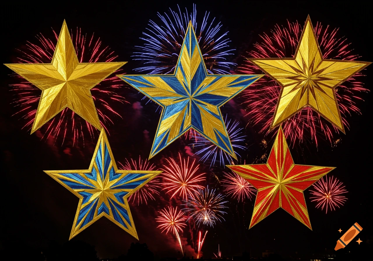 Five colorful decorative stars against a black night sky filled with red and blue fireworks.