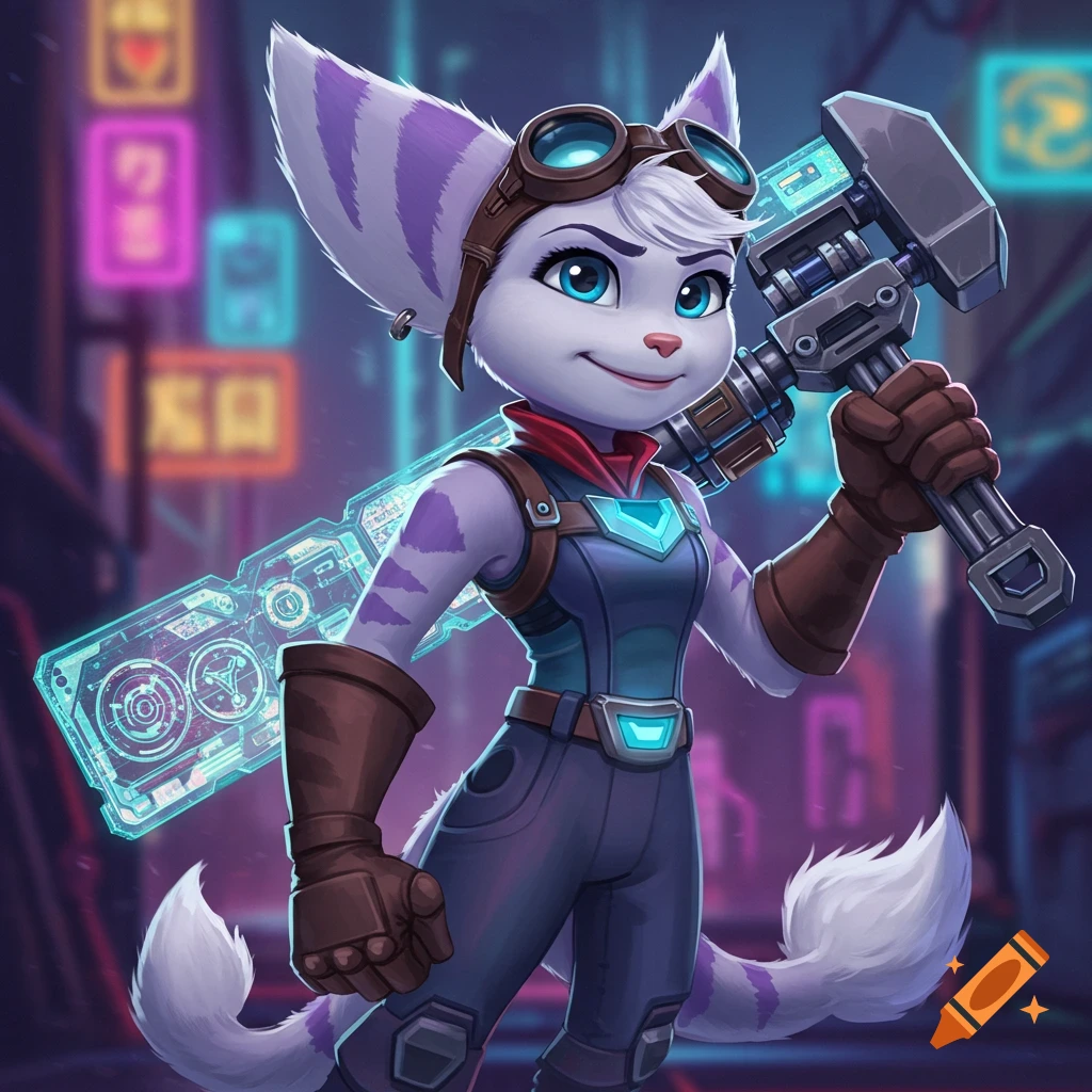 Rivet, a white and purple lombax, smiles while holding a large mechanical wrench in a futuristic cyberpunk city with neon lights.