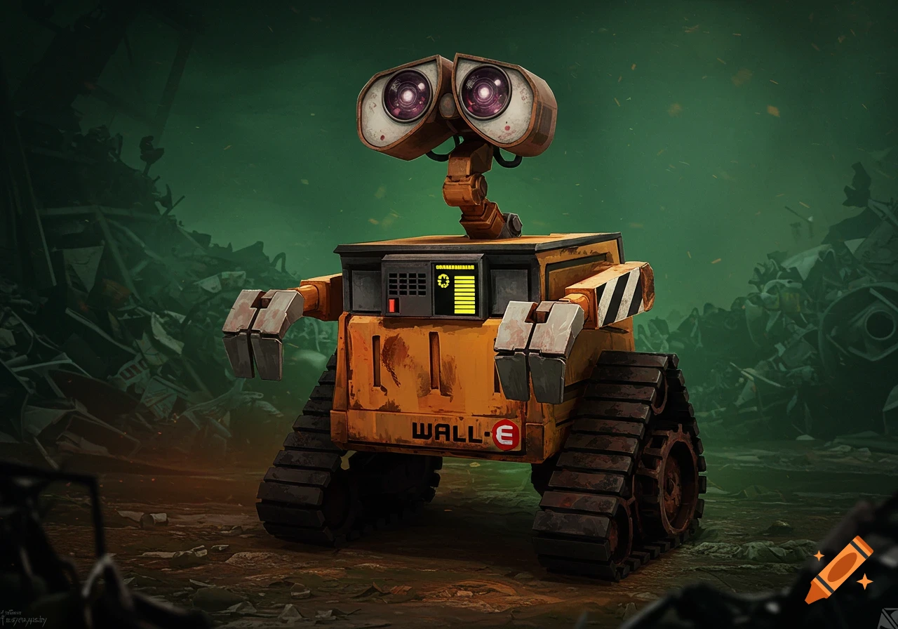 A detailed rendering of the robot WALL-E standing in a desolate, trash-filled landscape.