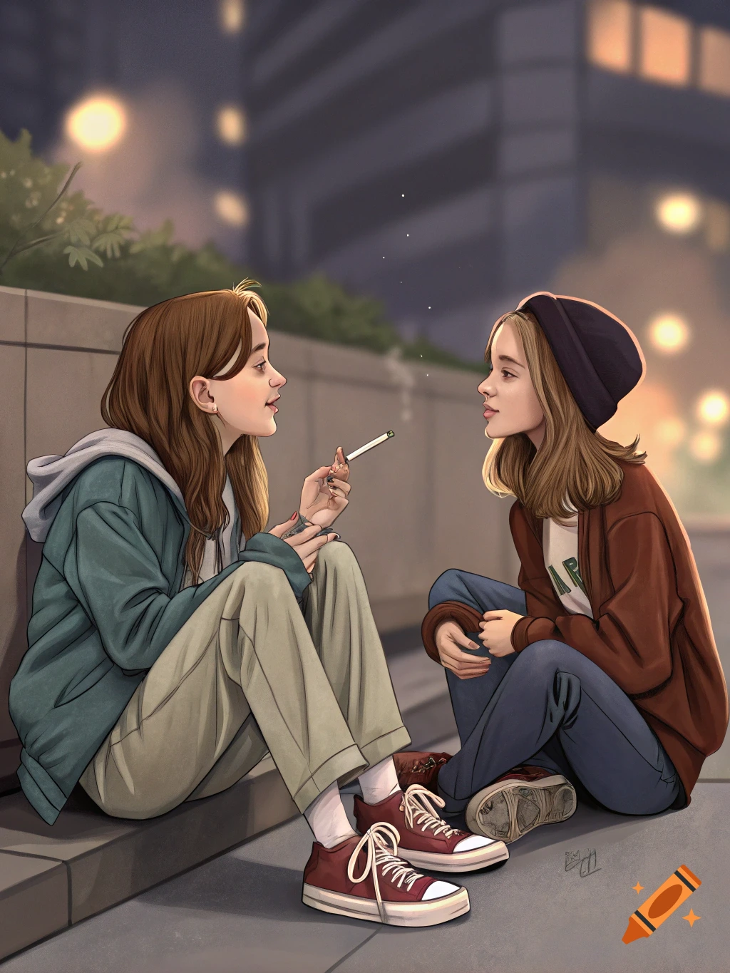 Two young women sit on steps in an urban setting at night, one holding a cigarette, in a stylized illustration.