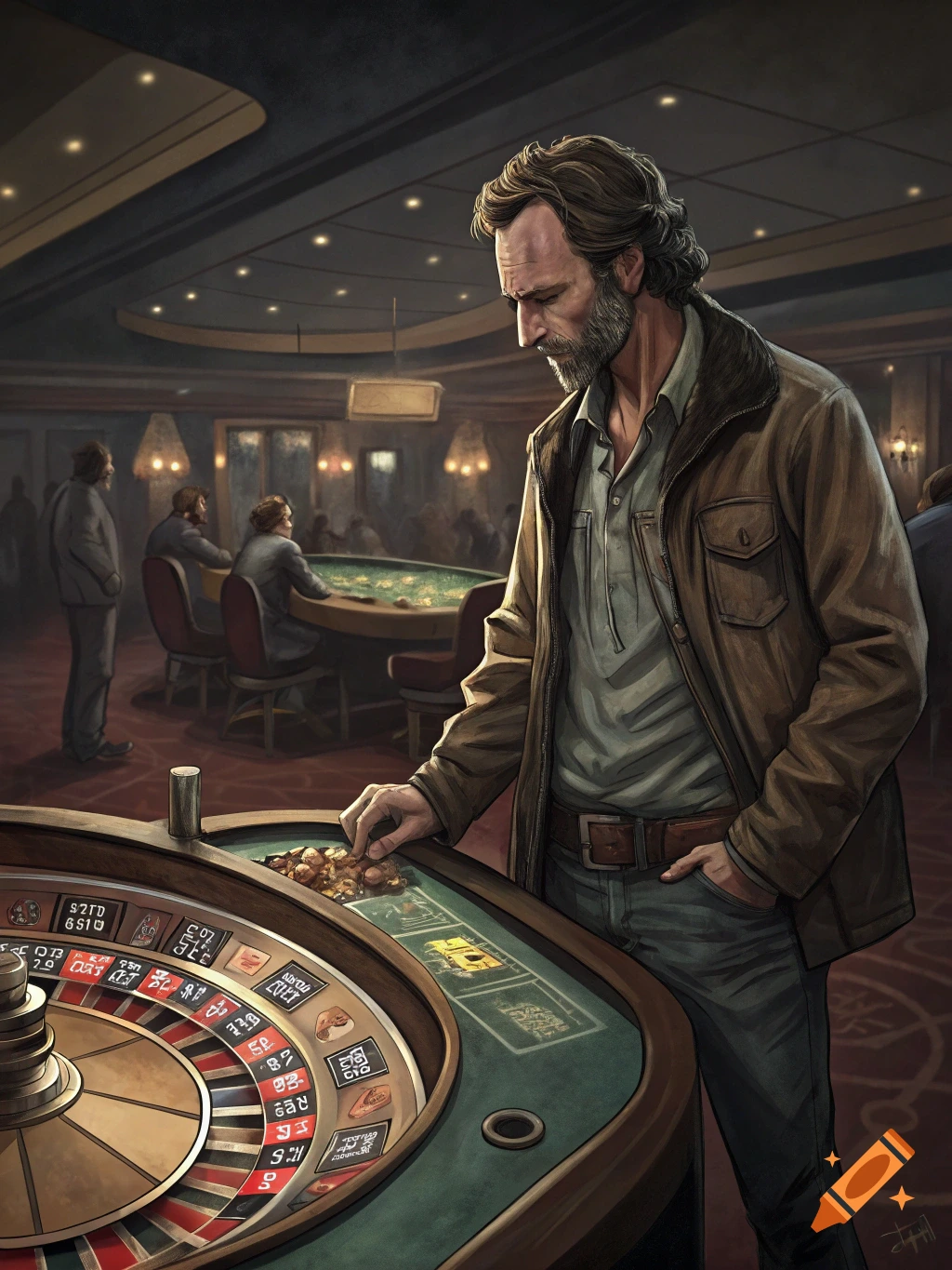 A man resembling Rick Grimes stands at a roulette table in a dimly lit casino, looking down at his chips.